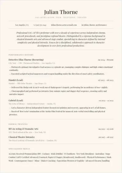 Free Actor ATS Resume Template, AI Resume Builder