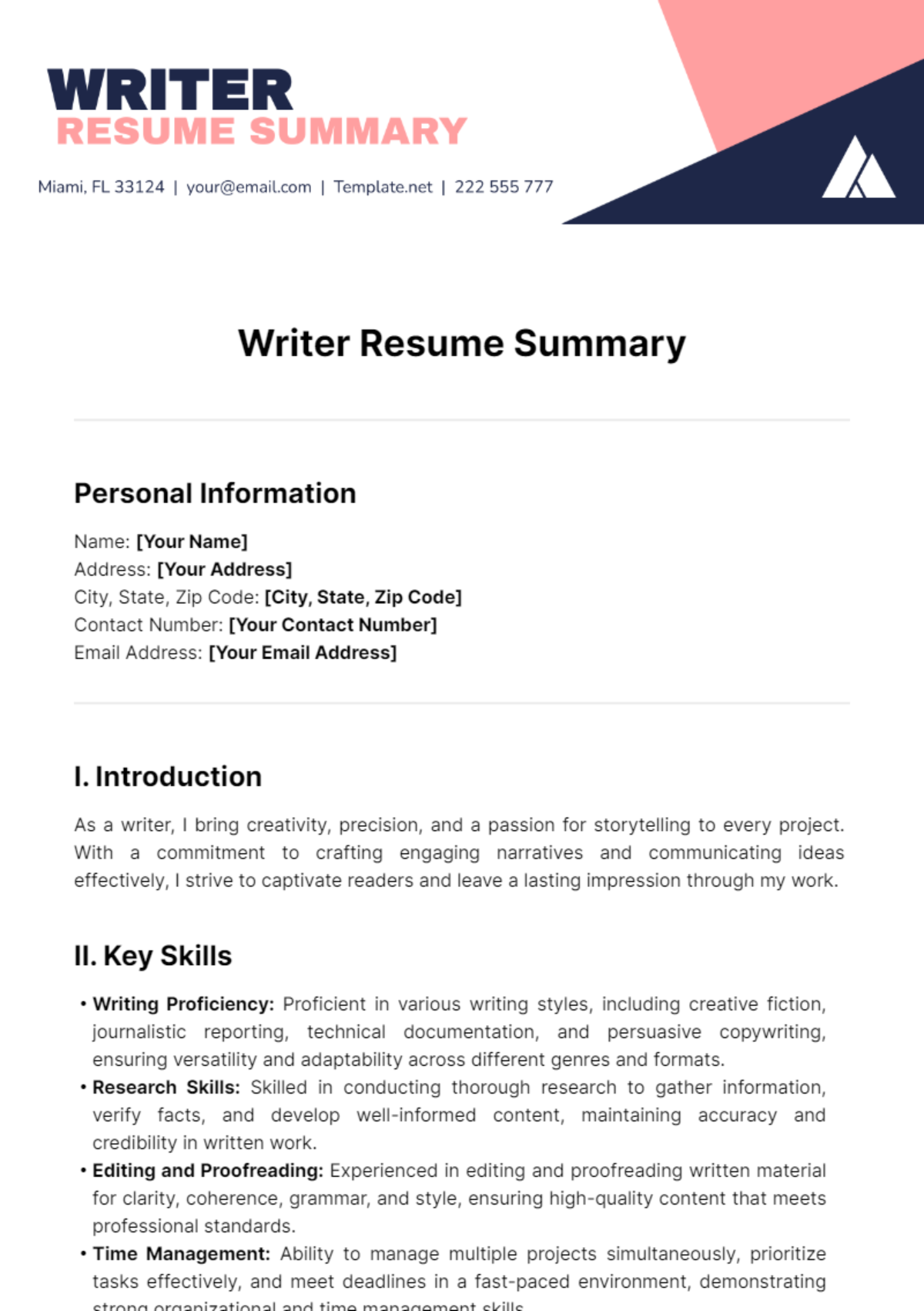 Writer Resume Summary Template