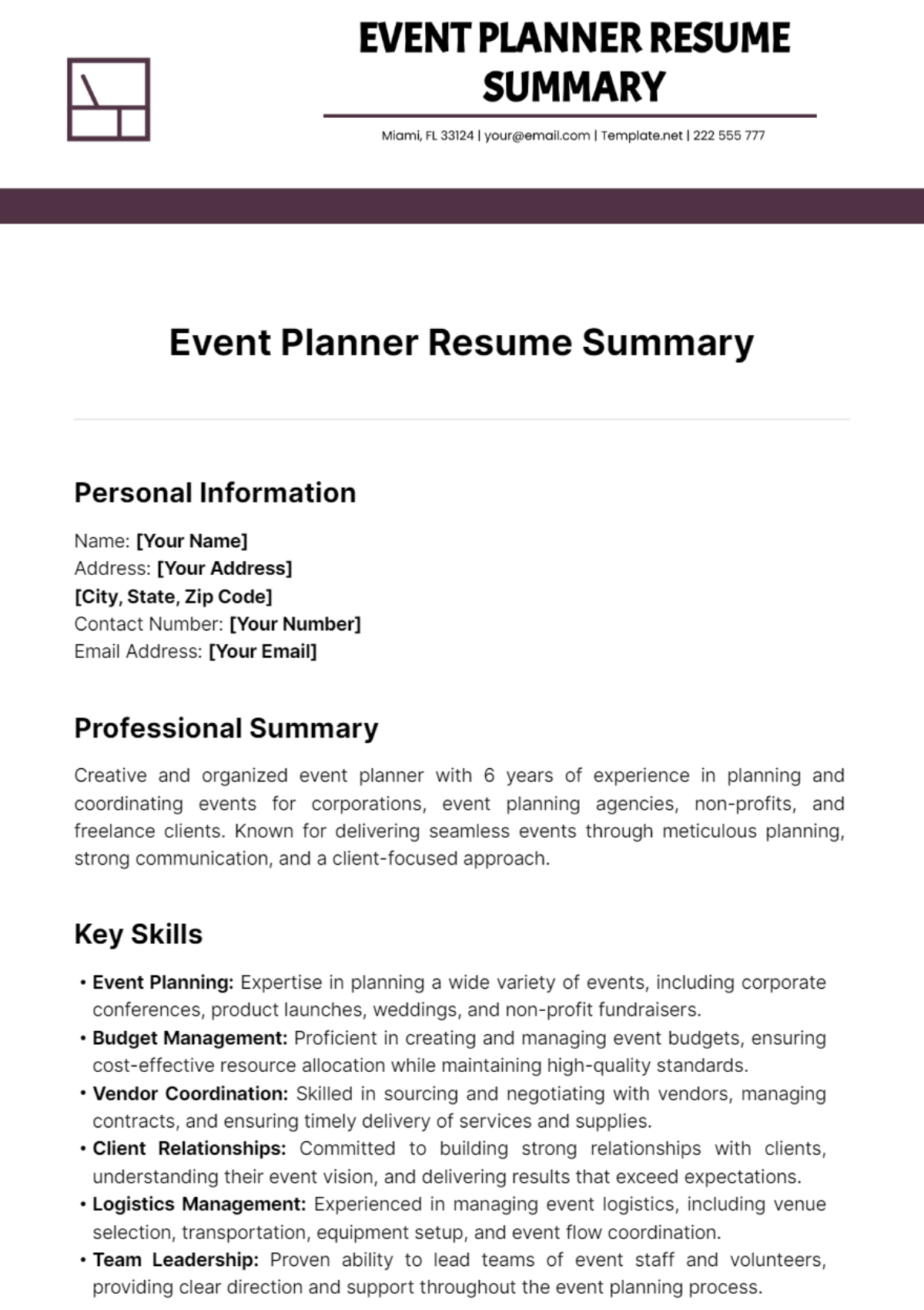 Free Event Planner Resume Summary Template