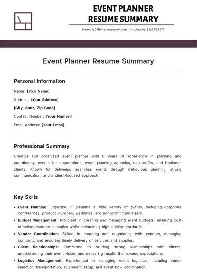 Free Event Planner Resume Summary Template to Edit Online