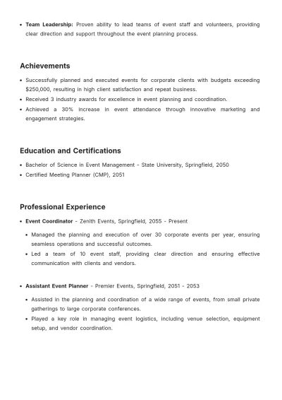 Free Event Planner Resume Summary Template to Edit Online