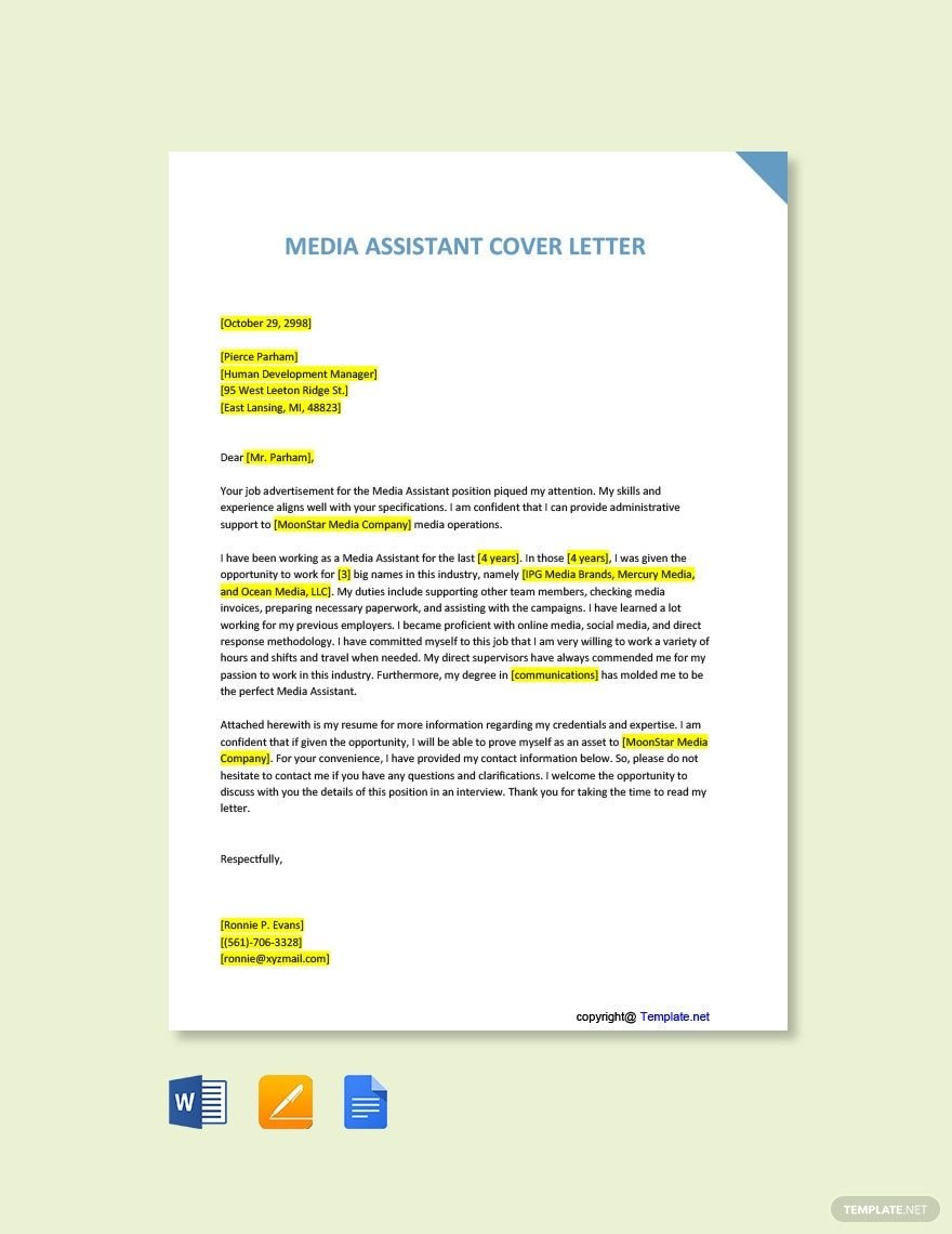 Media Assistant Cover Letter