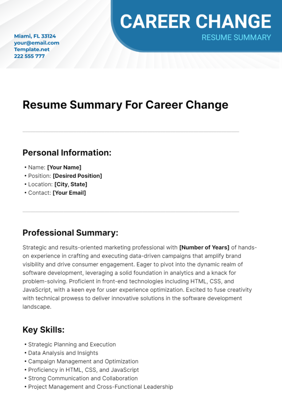 Resume Summary For Career Change Template