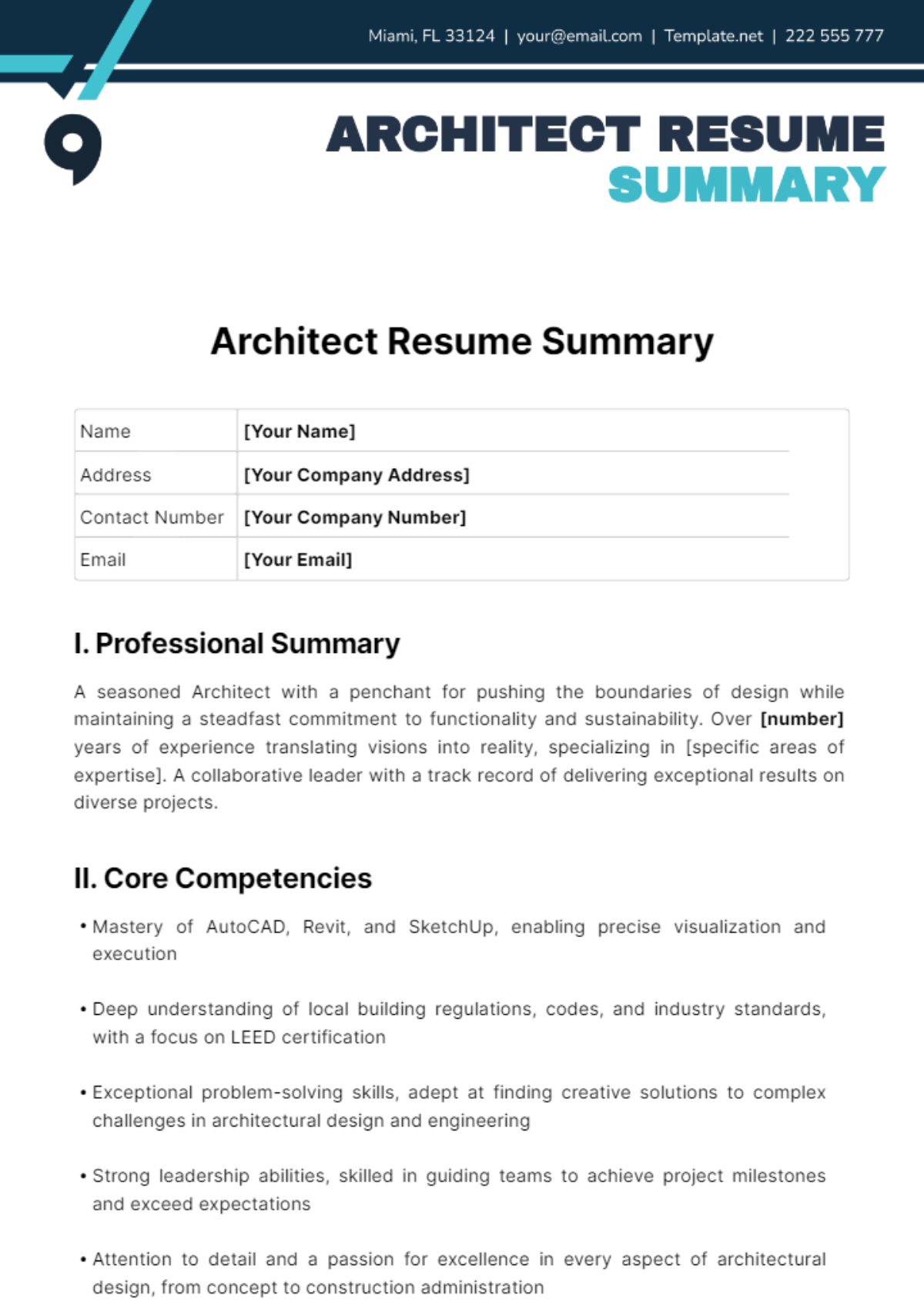 Architect Resume Summary Template