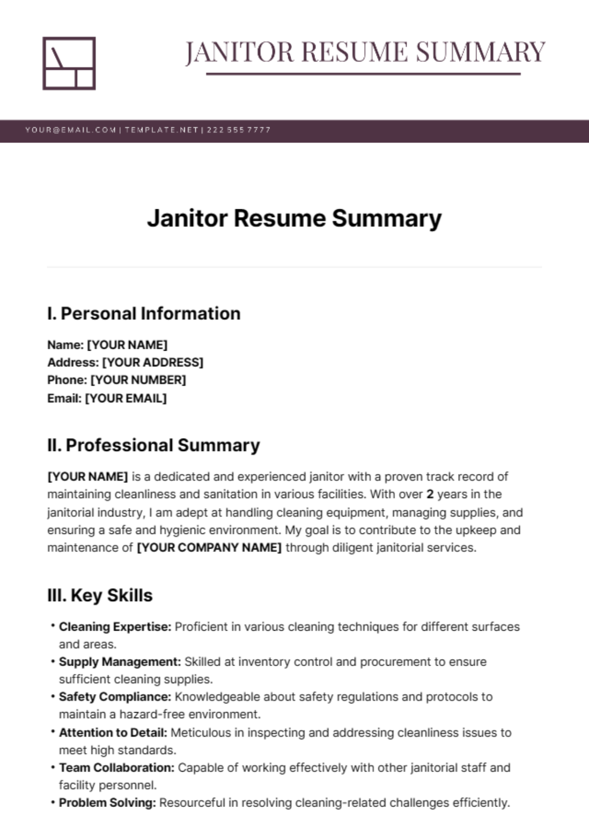Free Janitor Resume Summary Template
