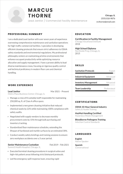 Free Janitor ATS Resume Template, AI Resume Builder