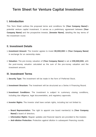Free Term Sheet for Venture Capital Investment Template to Edit Online