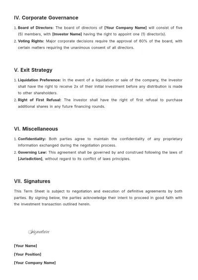 Free Term Sheet for Venture Capital Investment Template to Edit Online