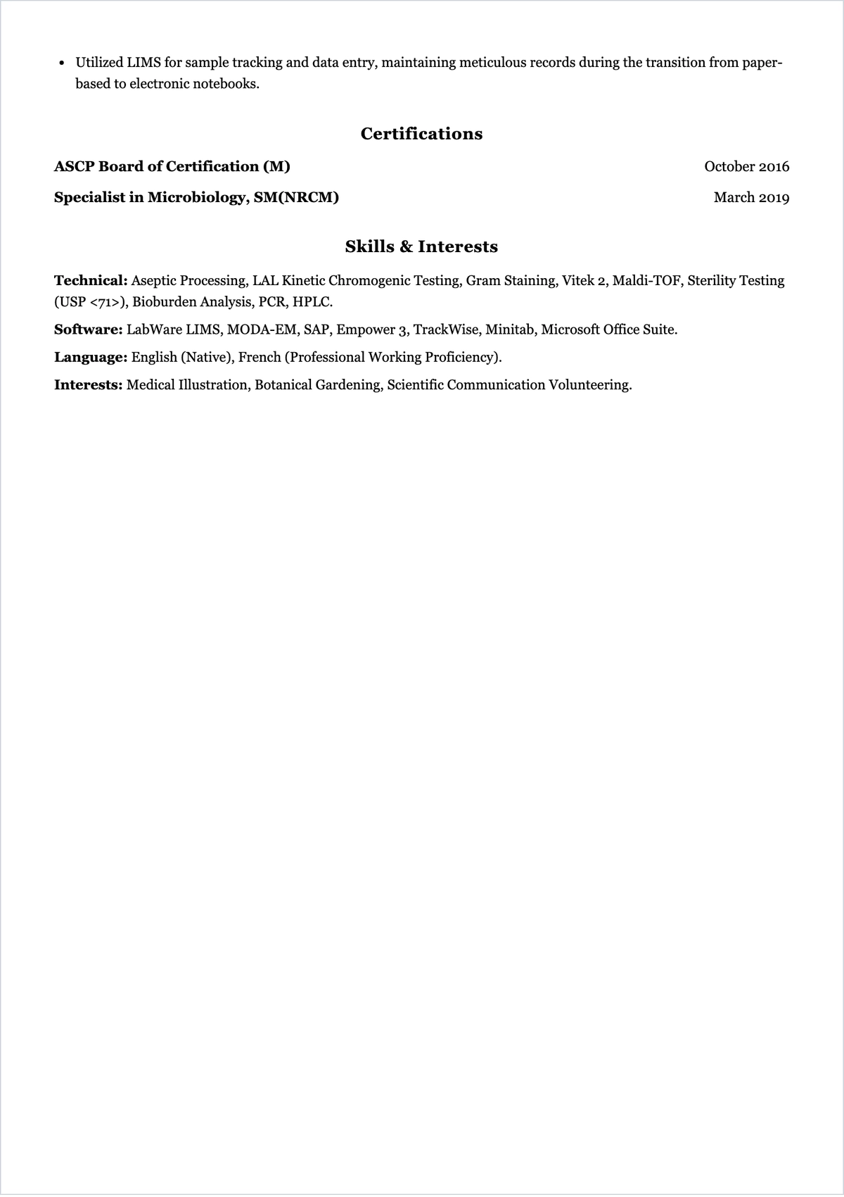 Free Microbiology ATS Resume Summary Template, AI Resume Builder