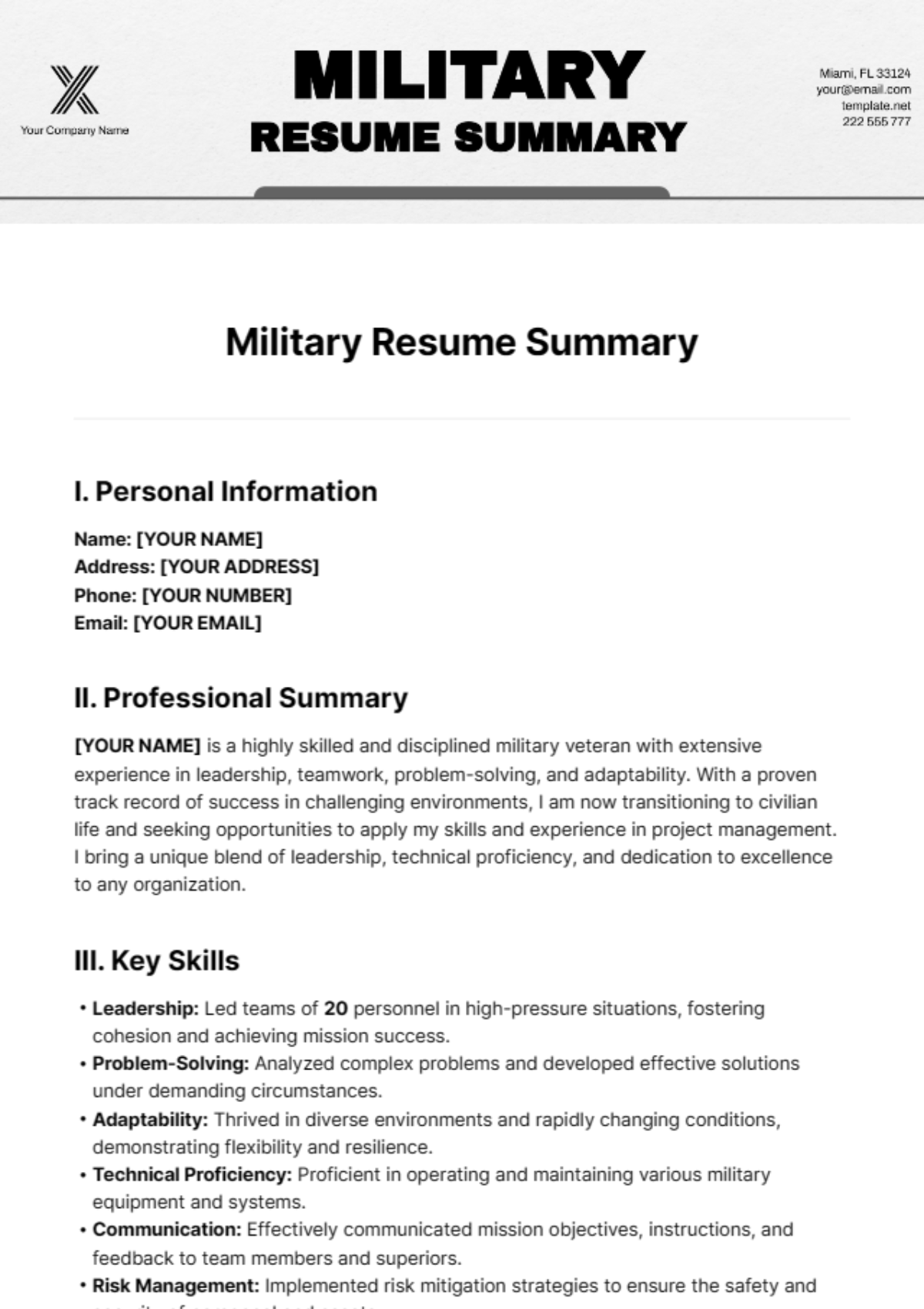 Free Military Resume Summary Template