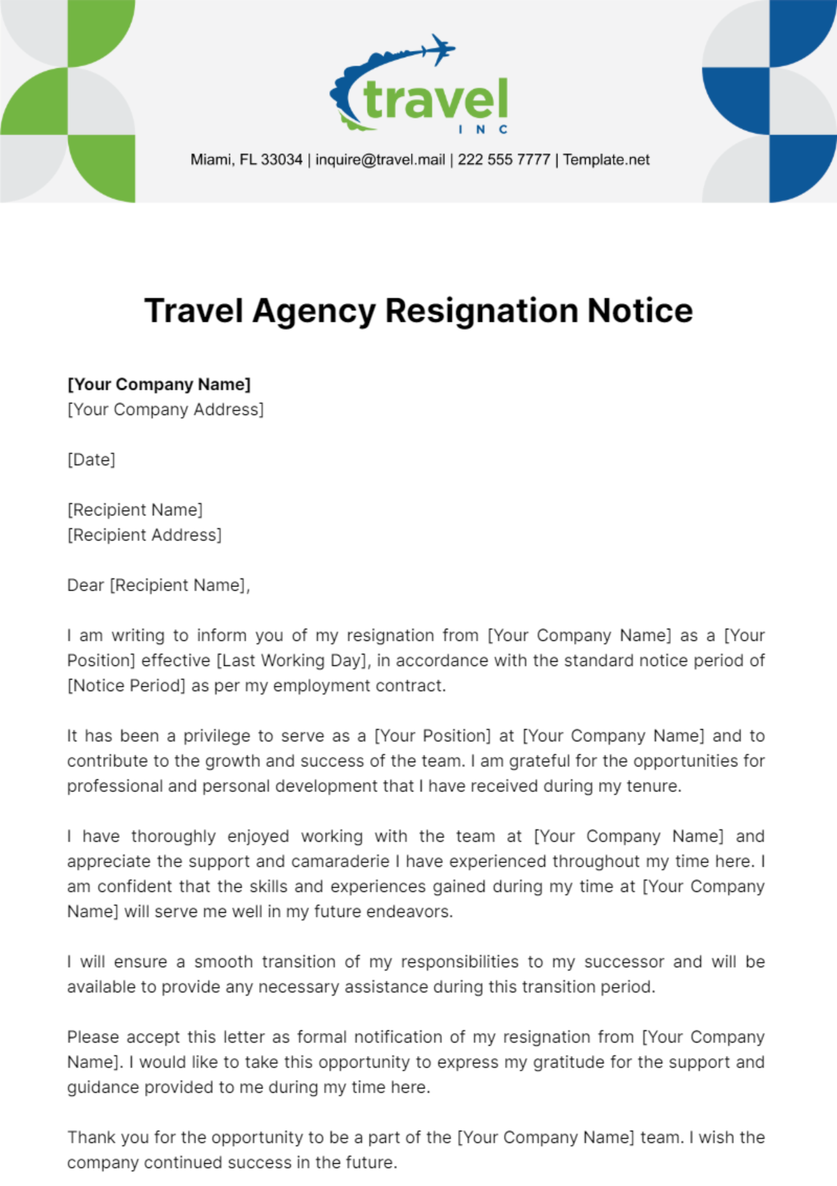 Travel Agency Resignation Notice Template