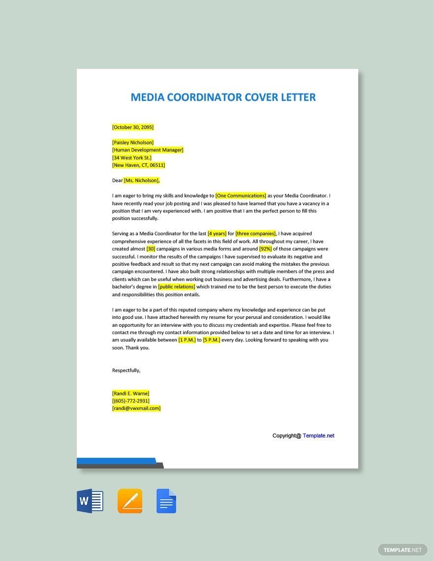 Free Media Coordinator Cover Letter Template