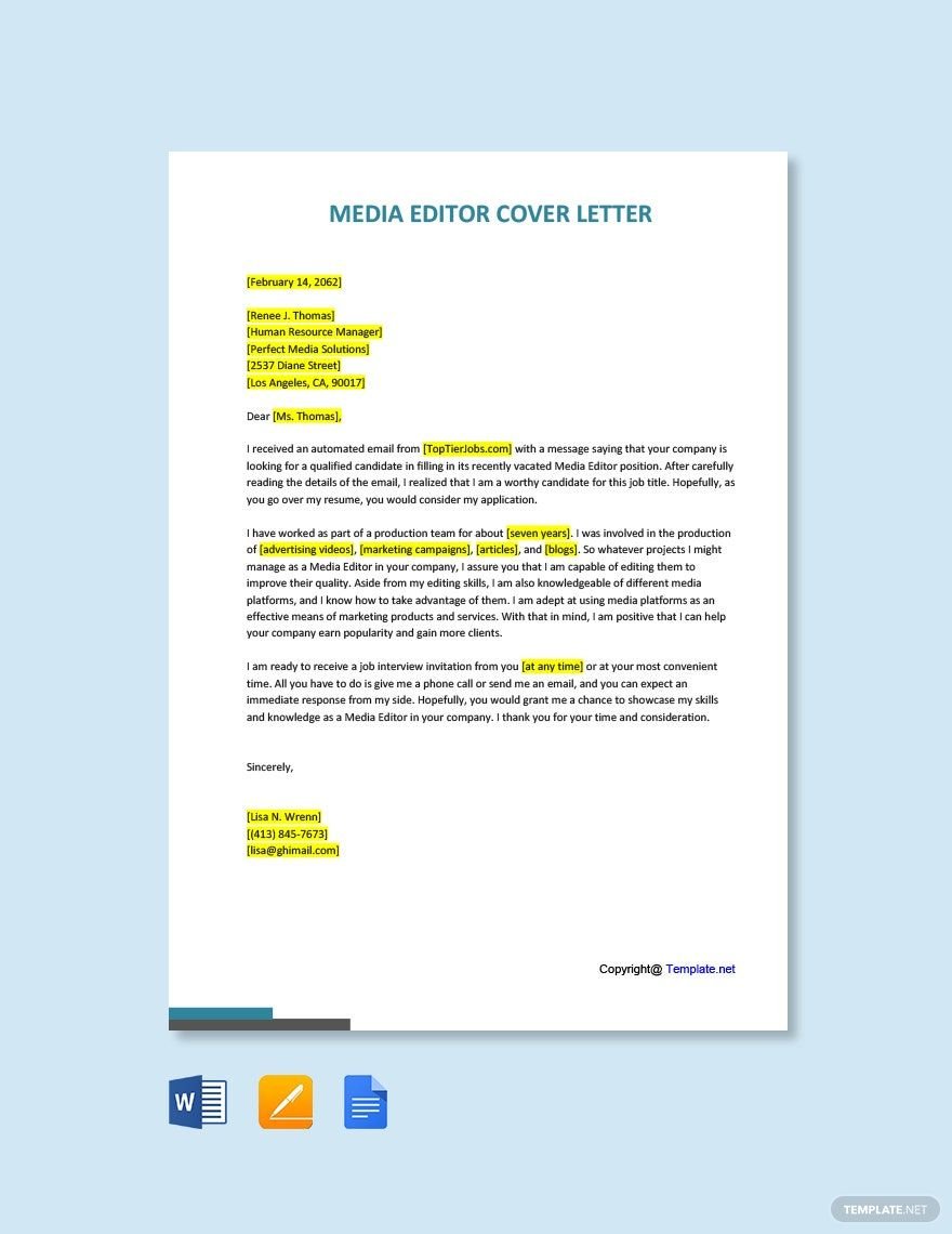 Free Media Editor Cover Letter Template