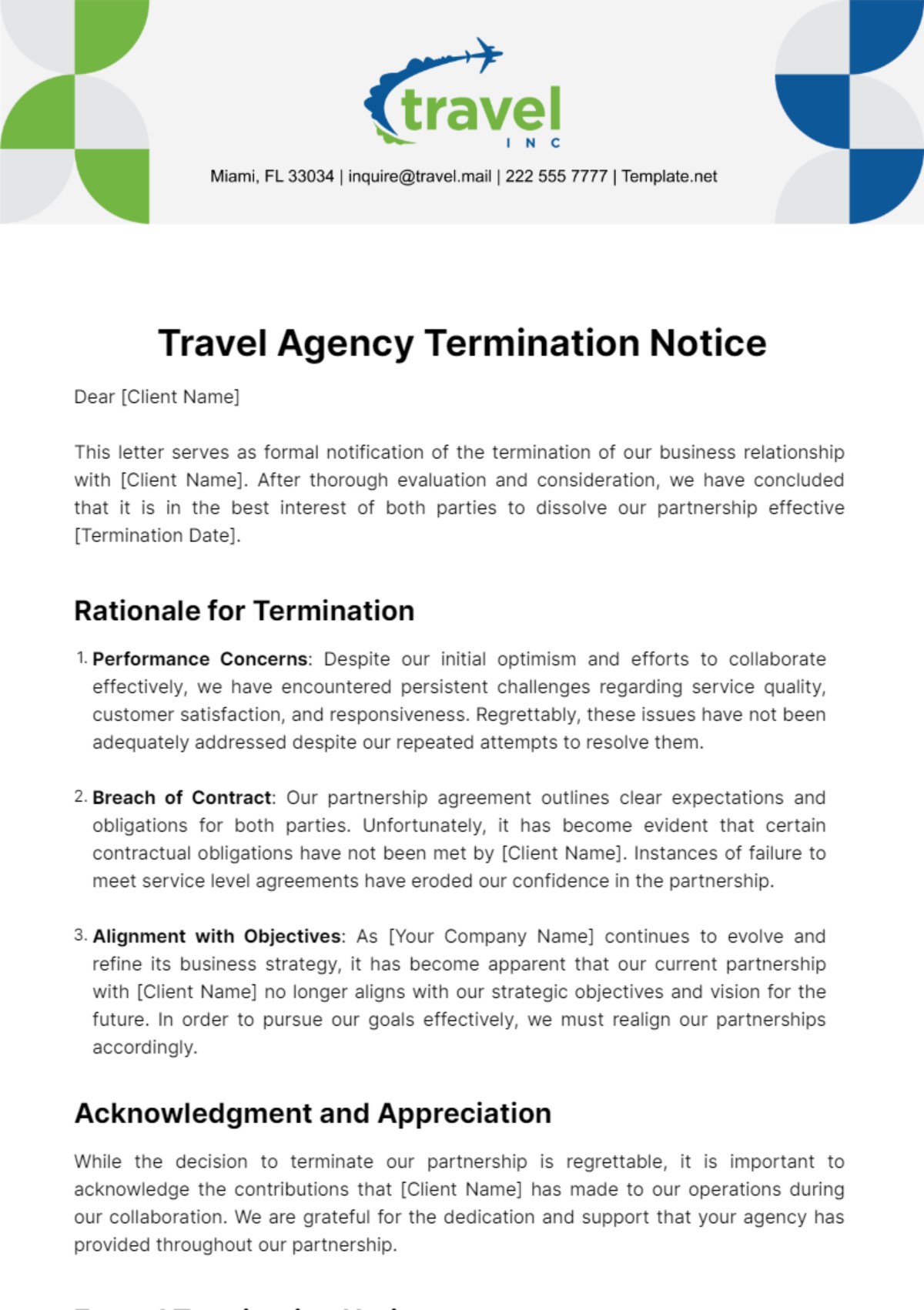 Travel Agency Termination Notice Template