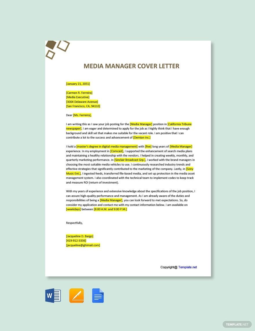 Media Manager Cover Letter