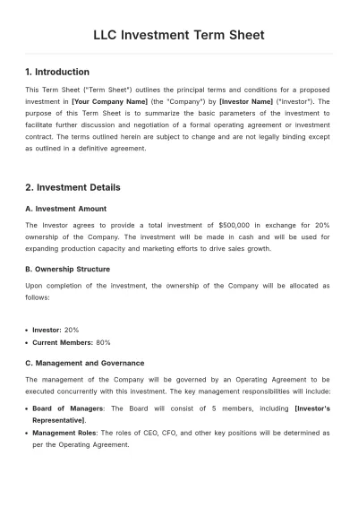 Free LLC Term Sheet Template to Edit Online