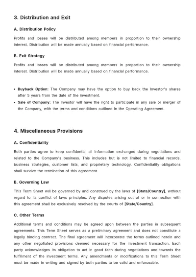 Free LLC Term Sheet Template to Edit Online