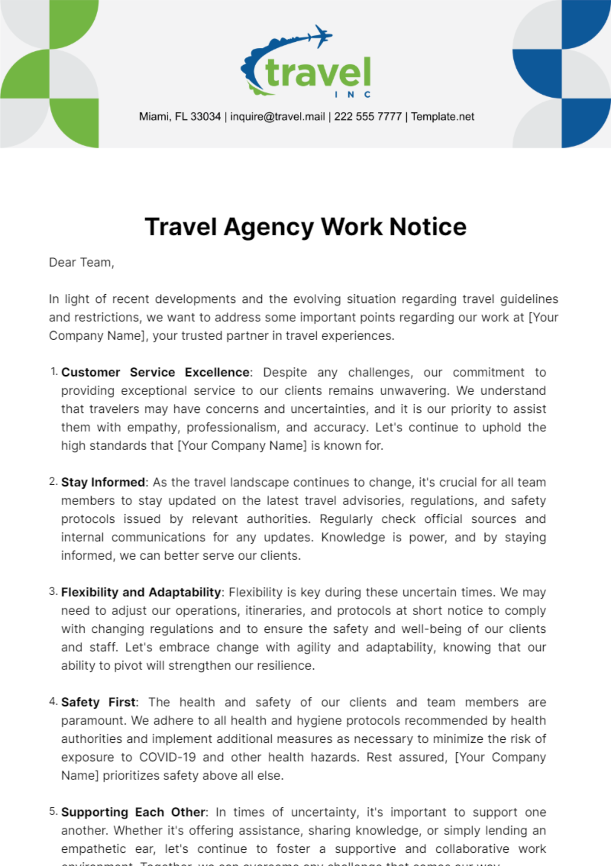 Free Travel Agency Work Notice Template