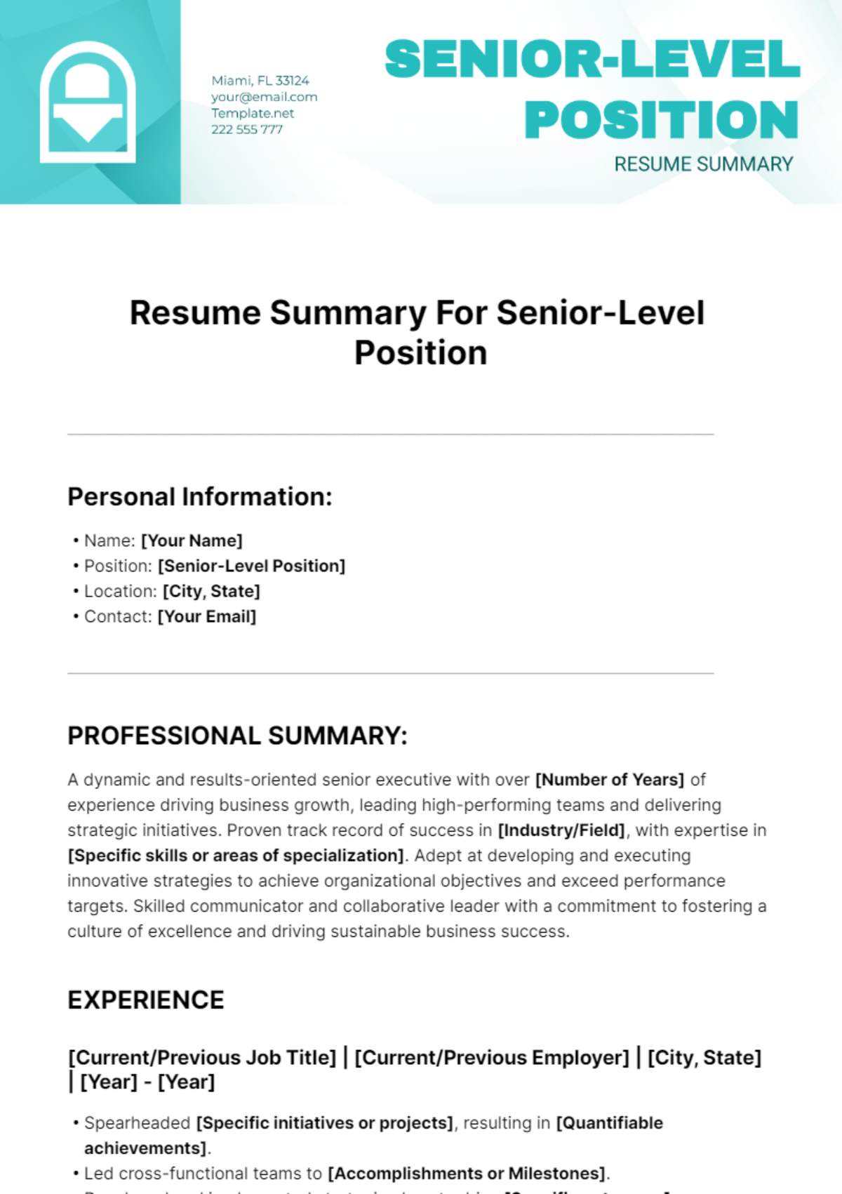 Resume Summary For Senior-Level Position Template
