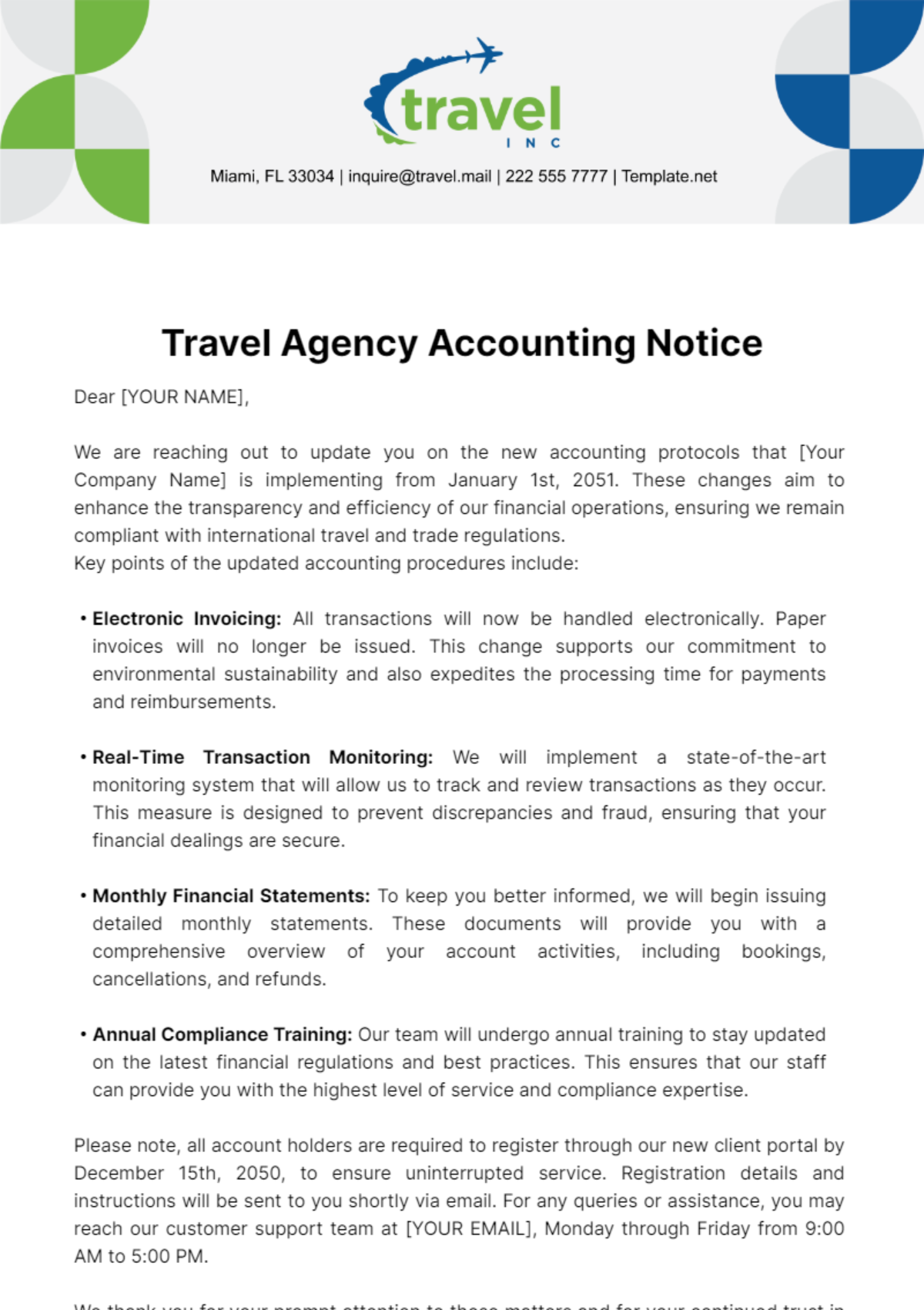 Travel Agency Accounting Notice Template