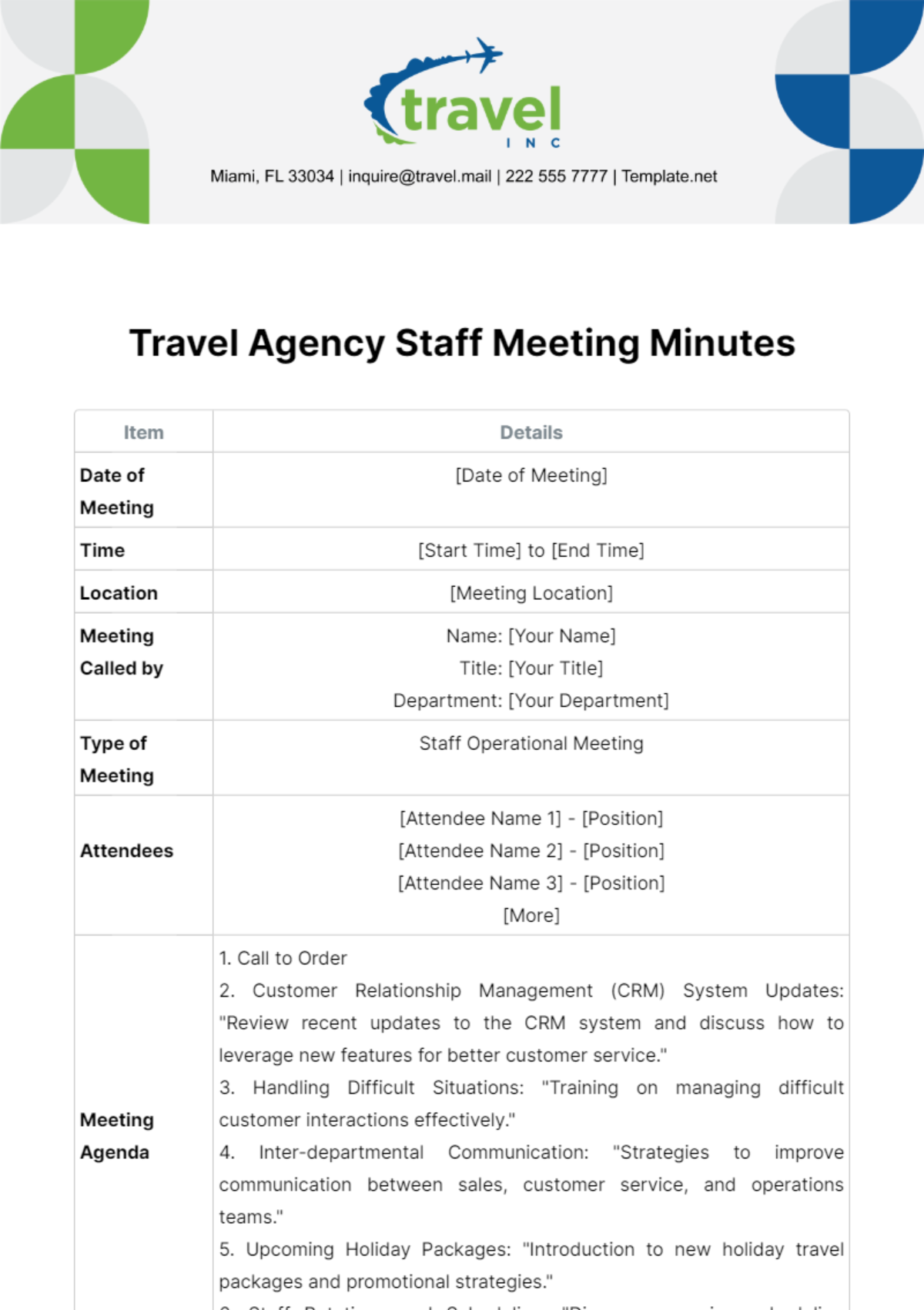 Travel Agency Staff Meeting Minutes Template