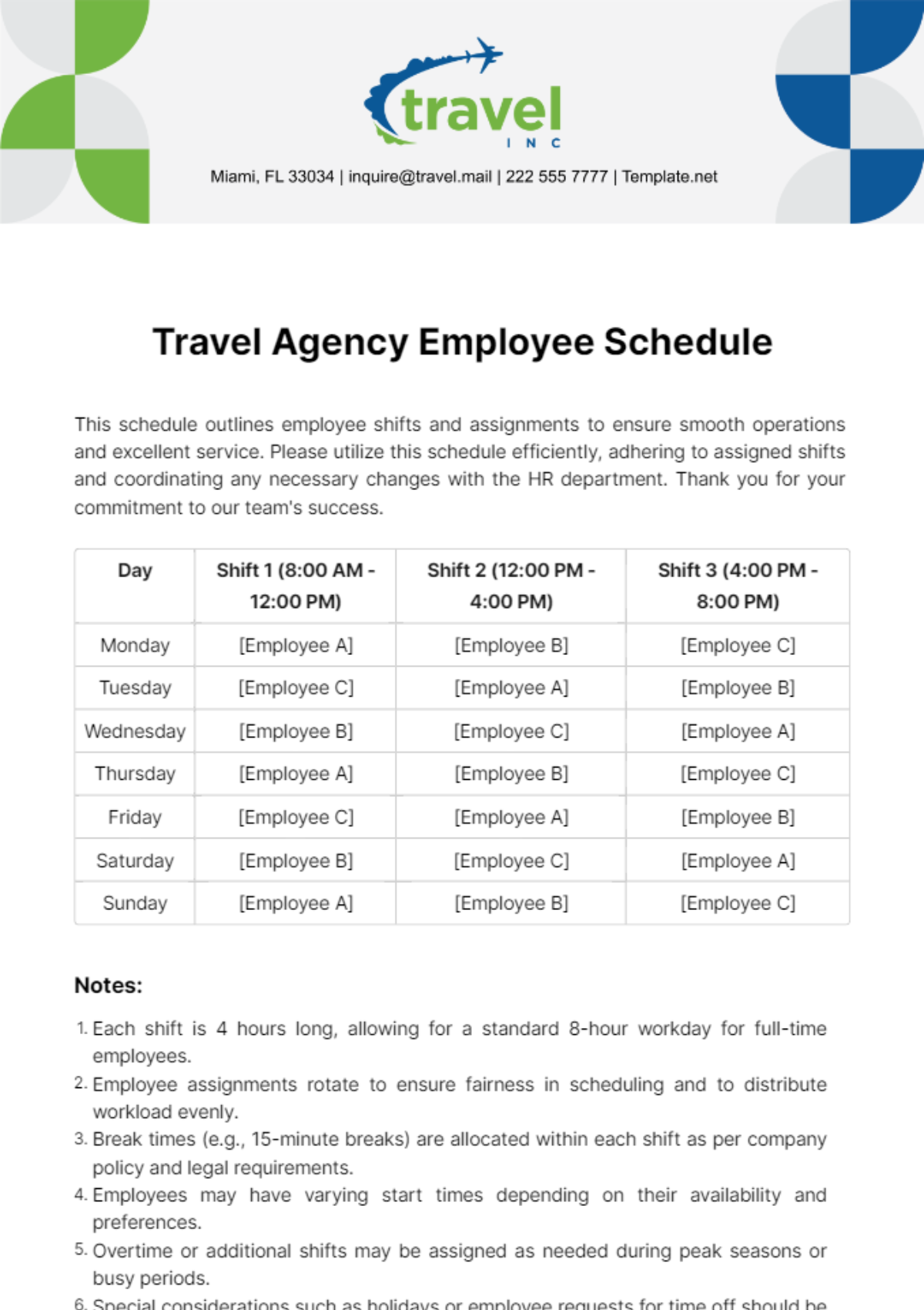 Travel Agency Employee Schedule Template