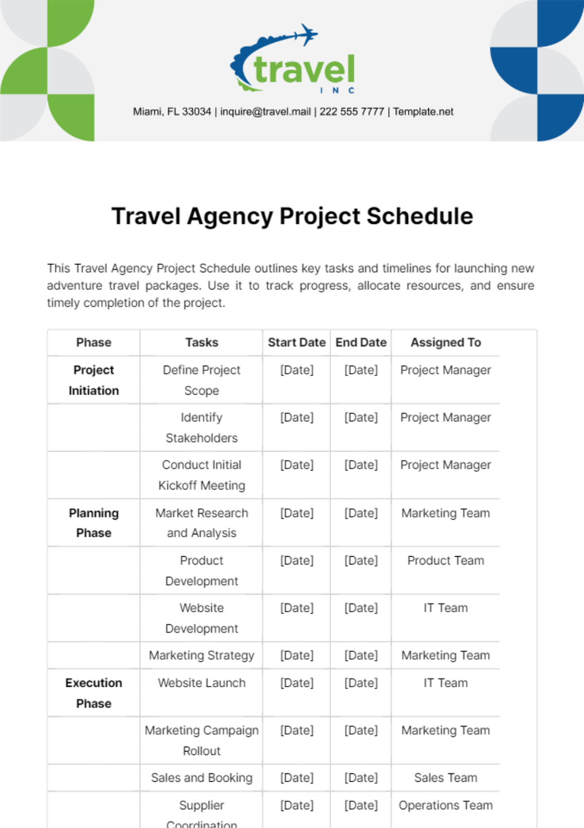 Travel Agency Project Schedule Template