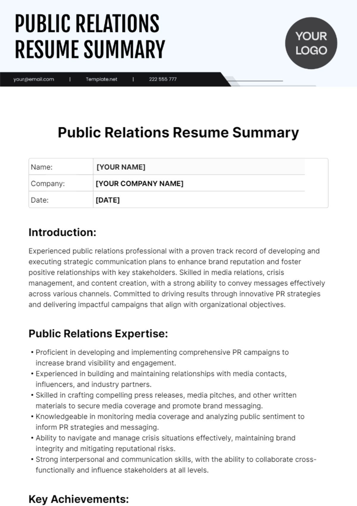 Public Relations Resume Summary Template