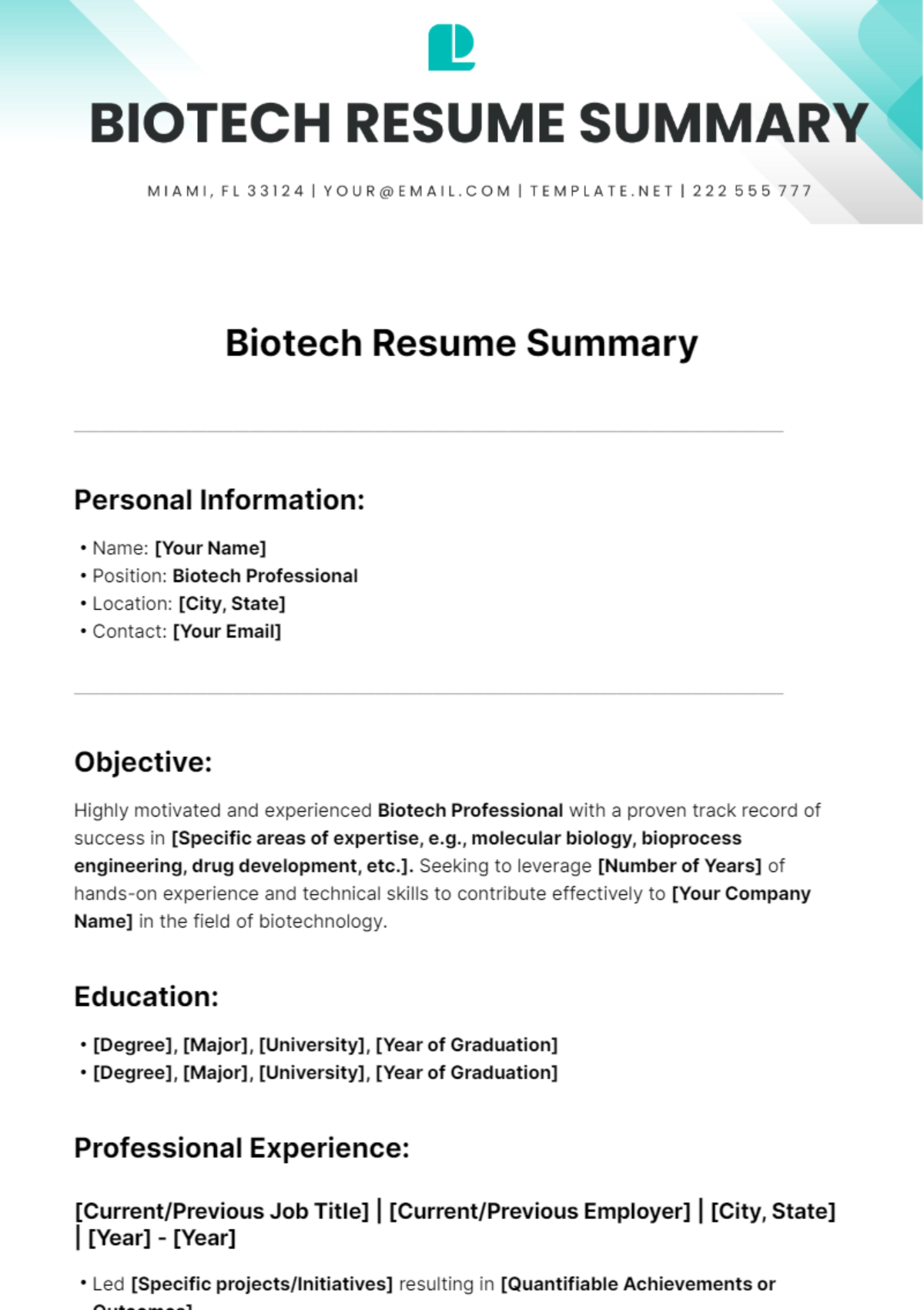Biotech Resume Summary Template