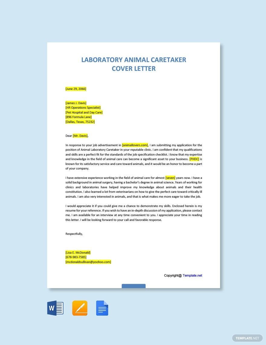 Free Laboratory Animal Caretaker Cover Letter - Google Docs, Word, Apple  Pages 