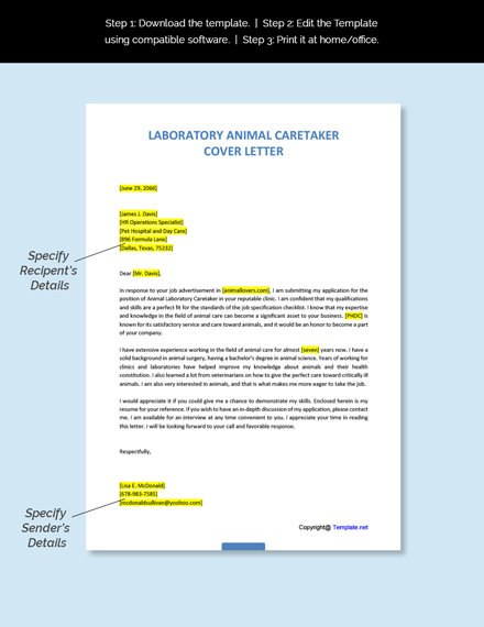 Laboratory Animal Caretaker Cover Letter Template