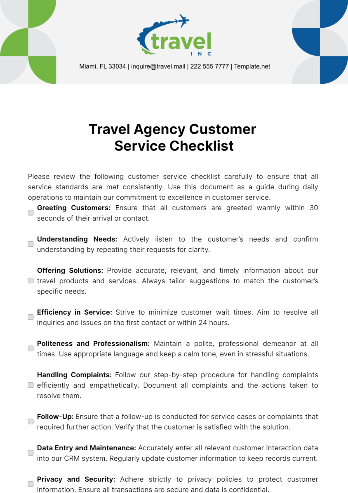 Free Travel Agency Customer Service Checklist Template