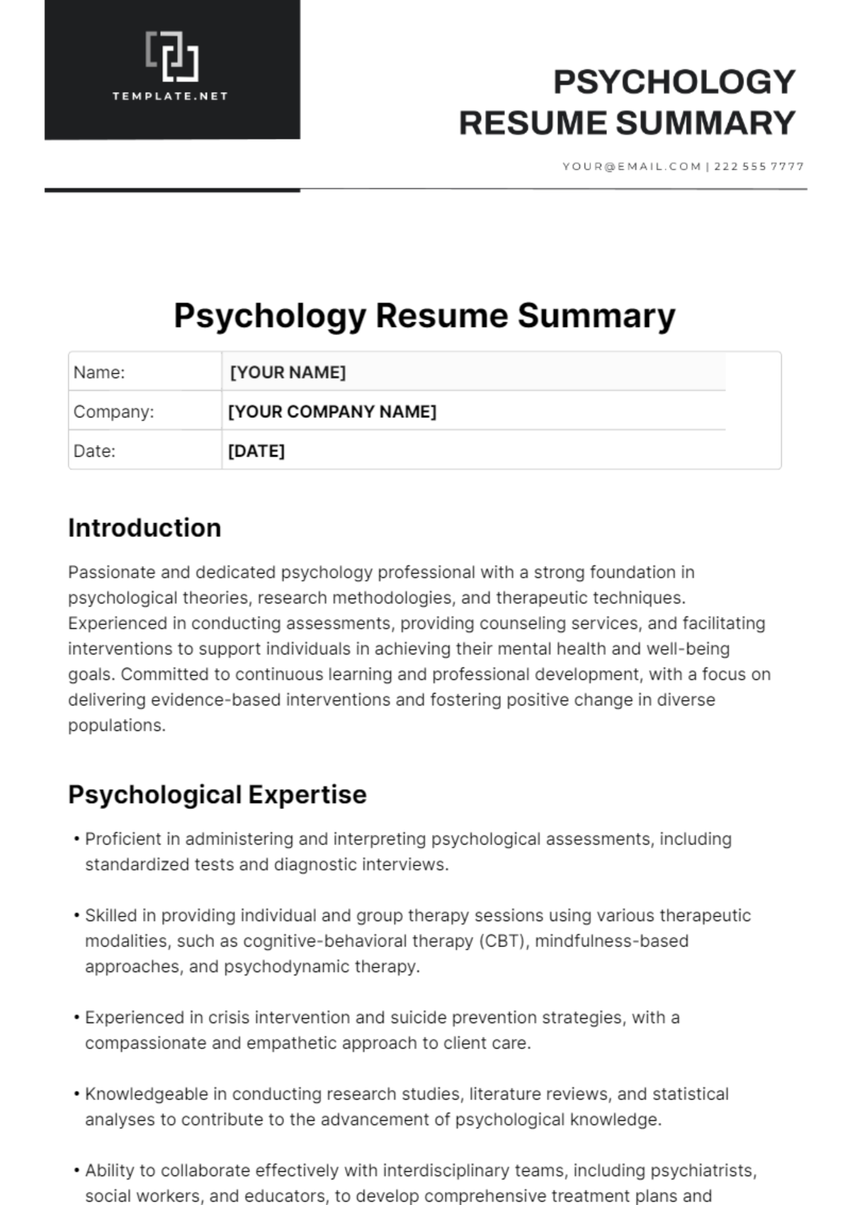 Free Psychology Resume Summary Template 