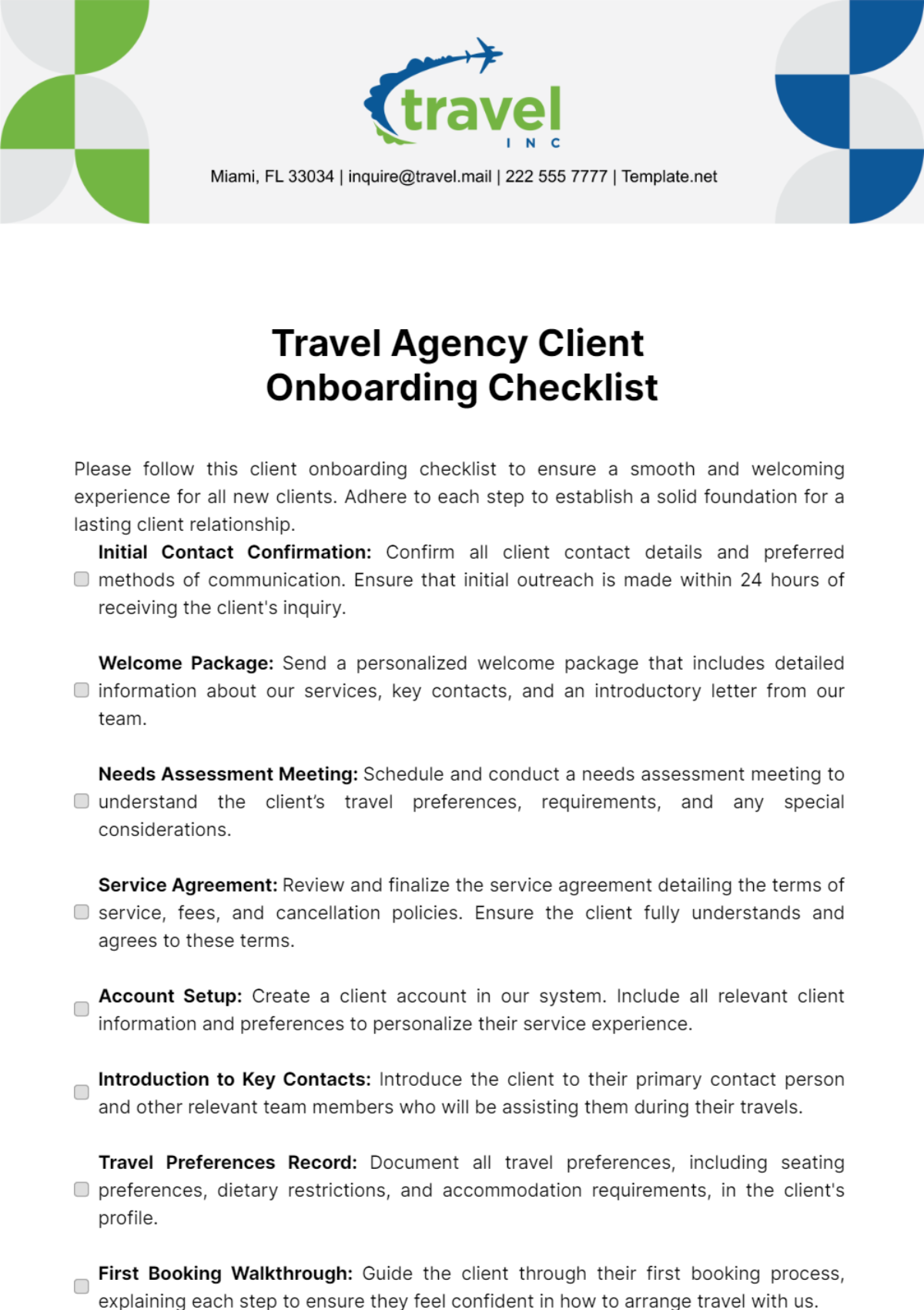 Free Travel Agency Client Onboarding Checklist Template