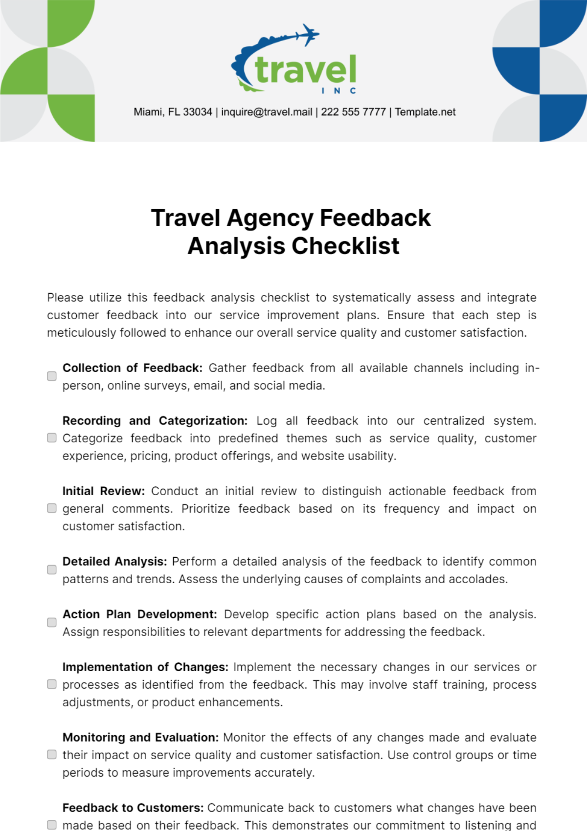 Free Travel Agency Feedback Analysis Checklist Template