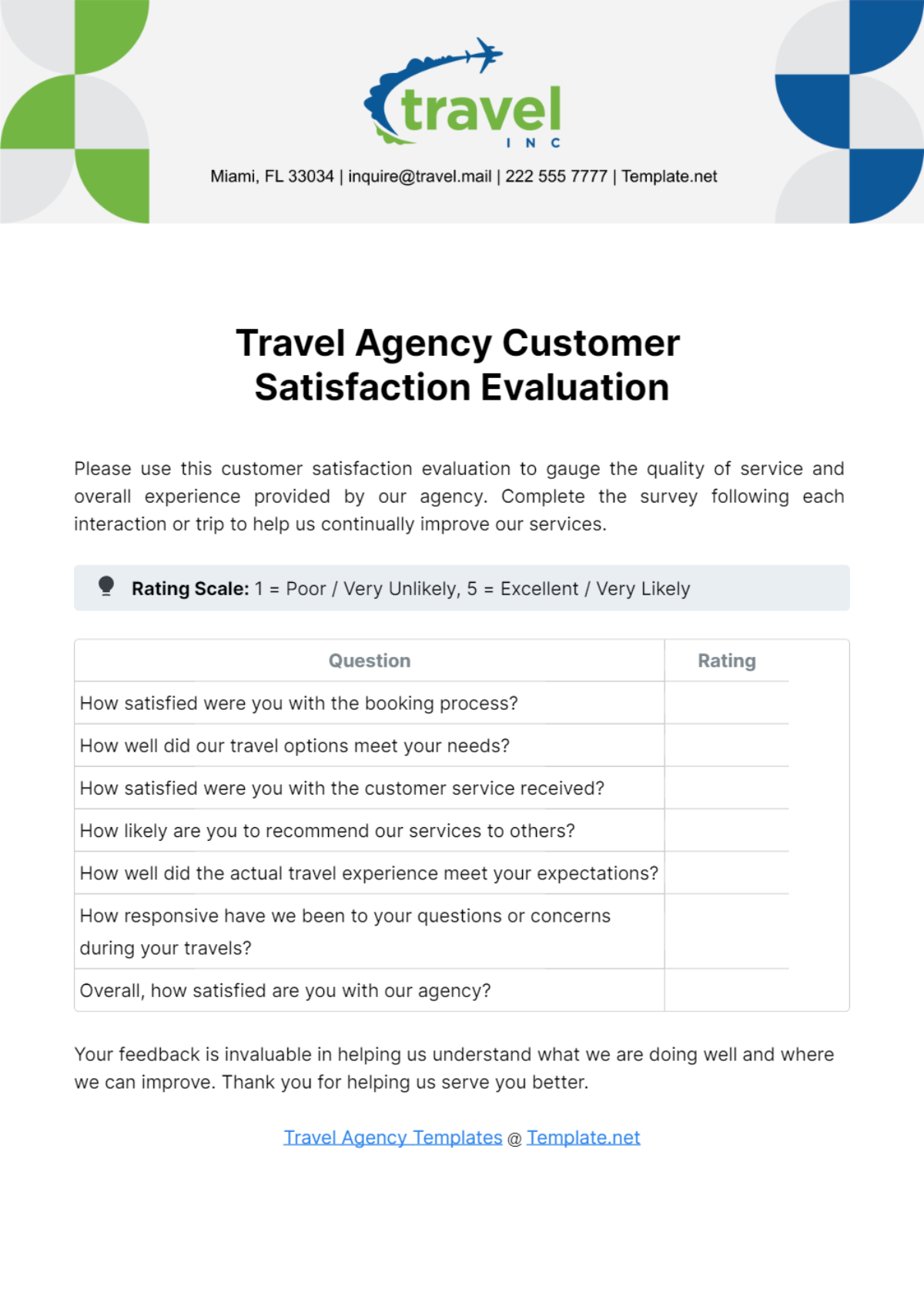 Free Travel Agency Customer Satisfaction Evaluation Template