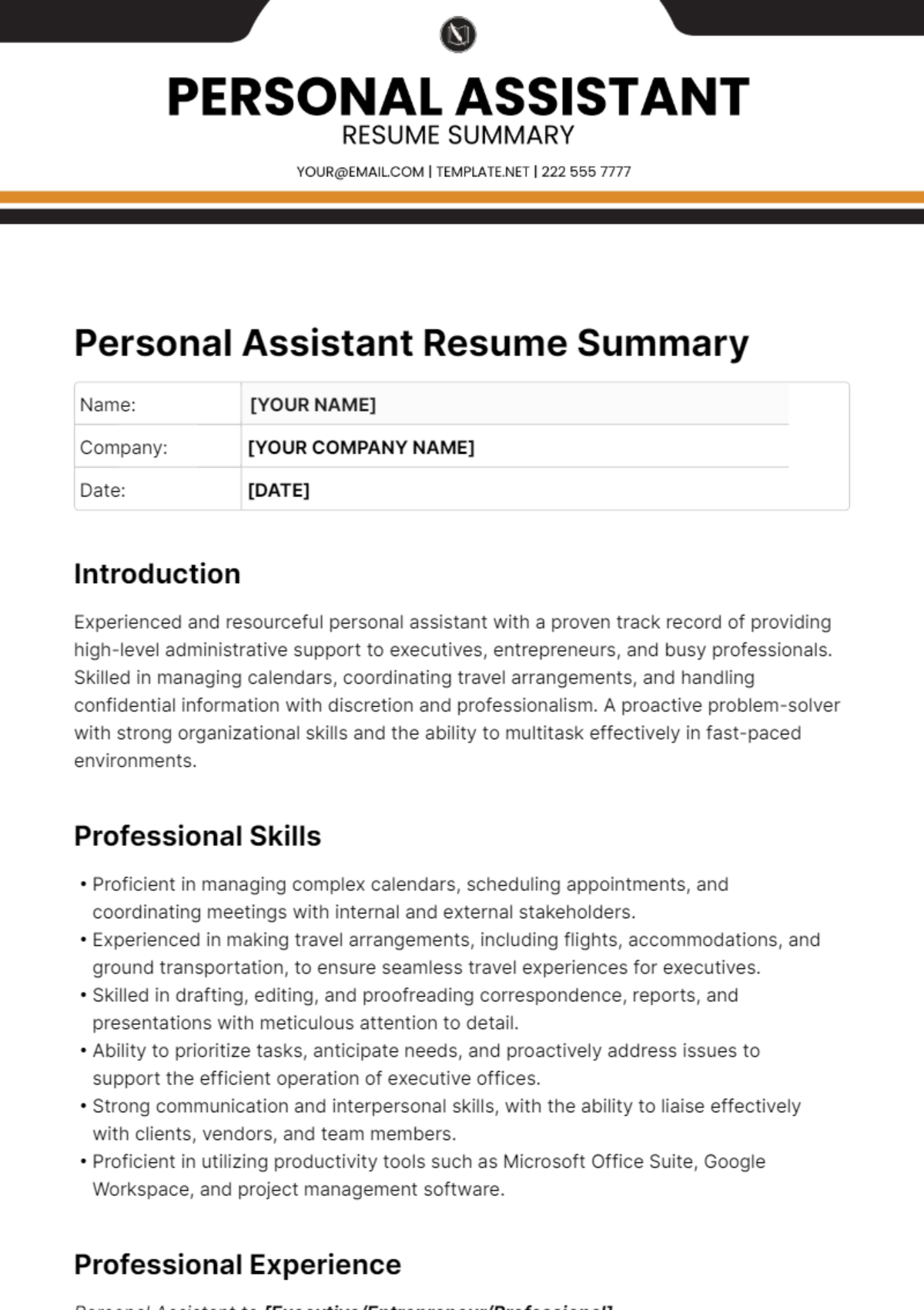 Personal Assistant Resume Summary Template