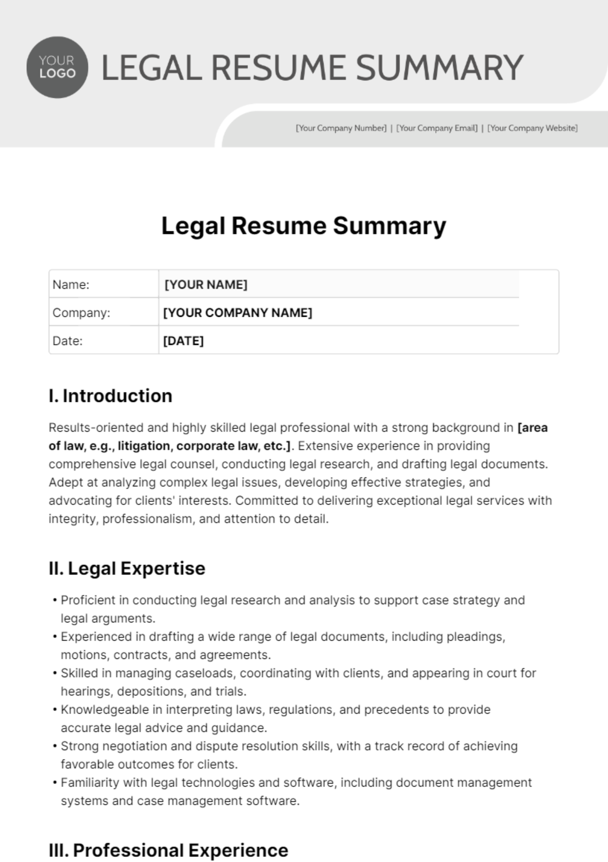 Legal Resume Summary Template 
