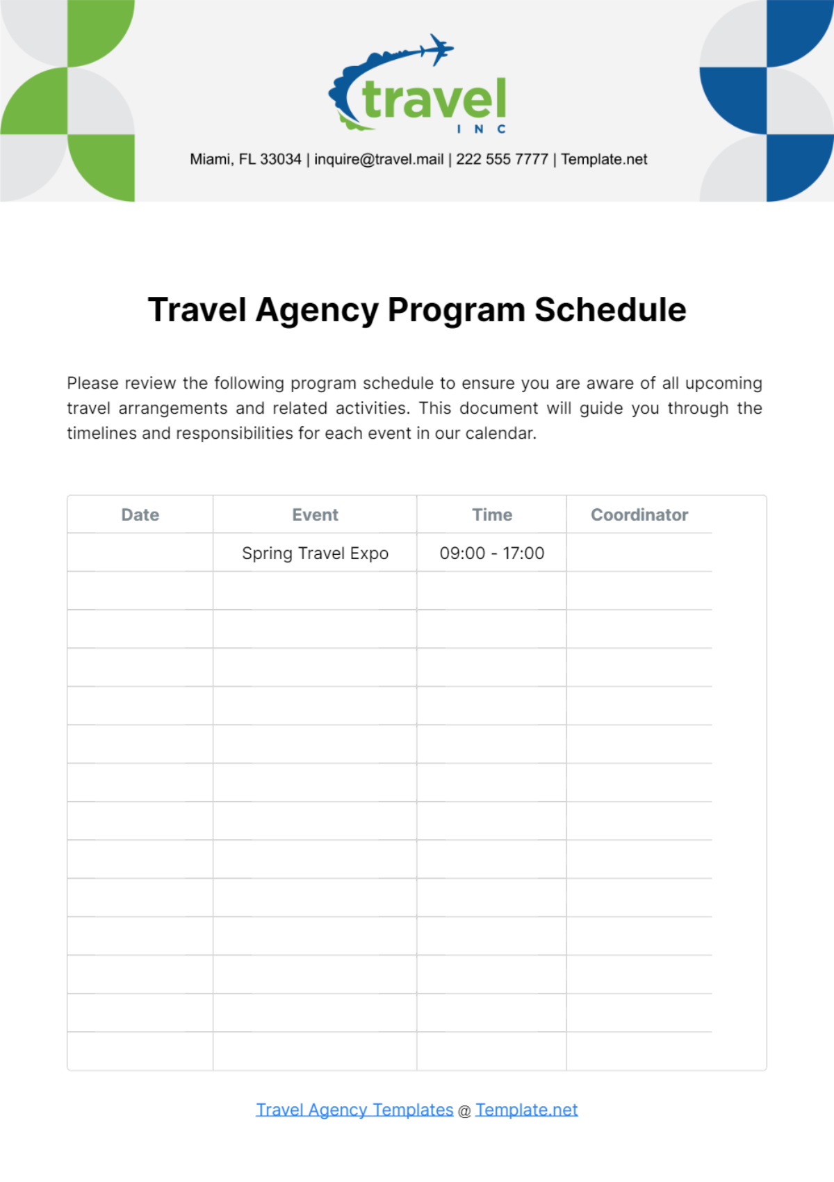 Travel Agency Program Schedule Template