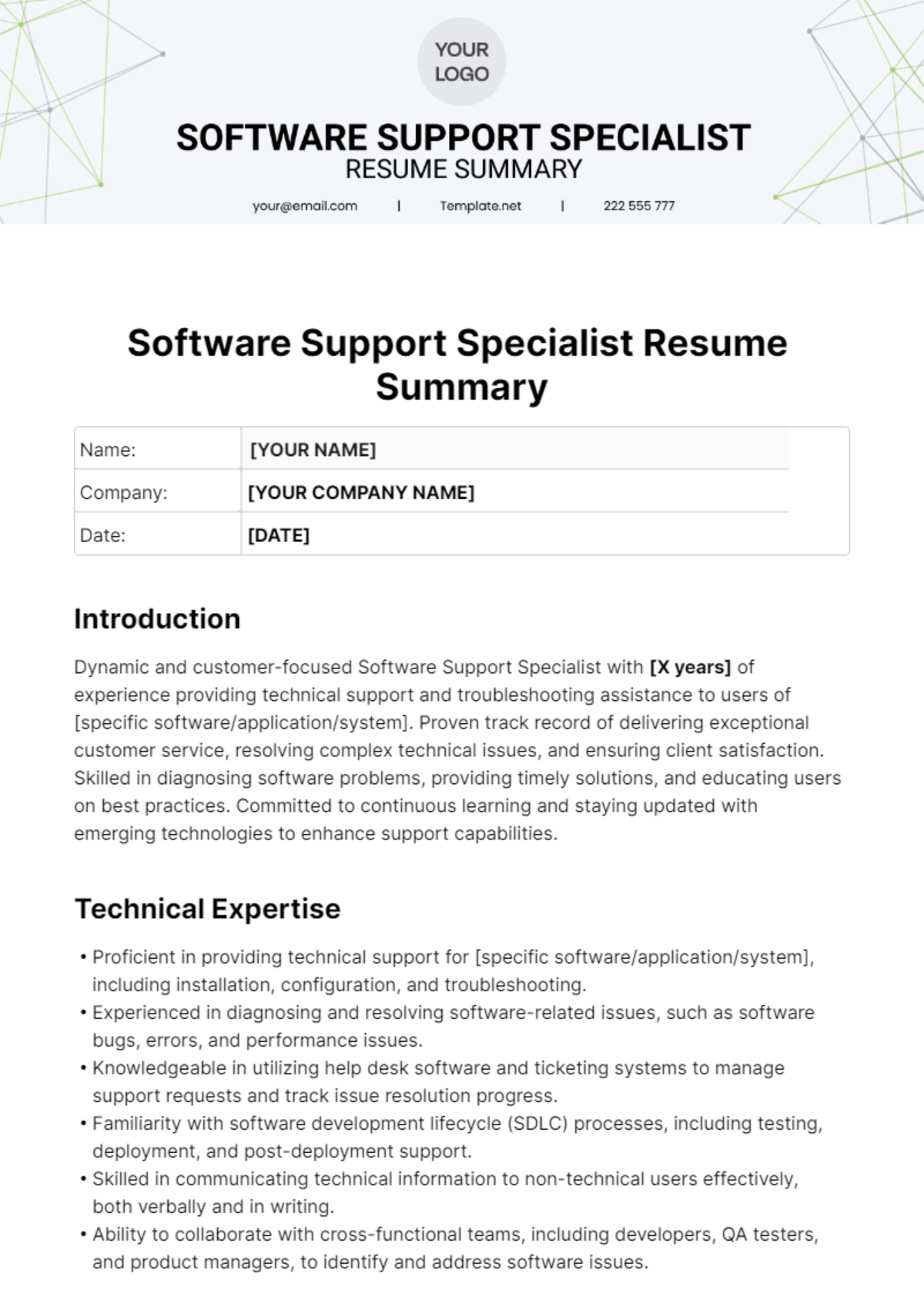 Software Support Specialist Resume Summary Template 