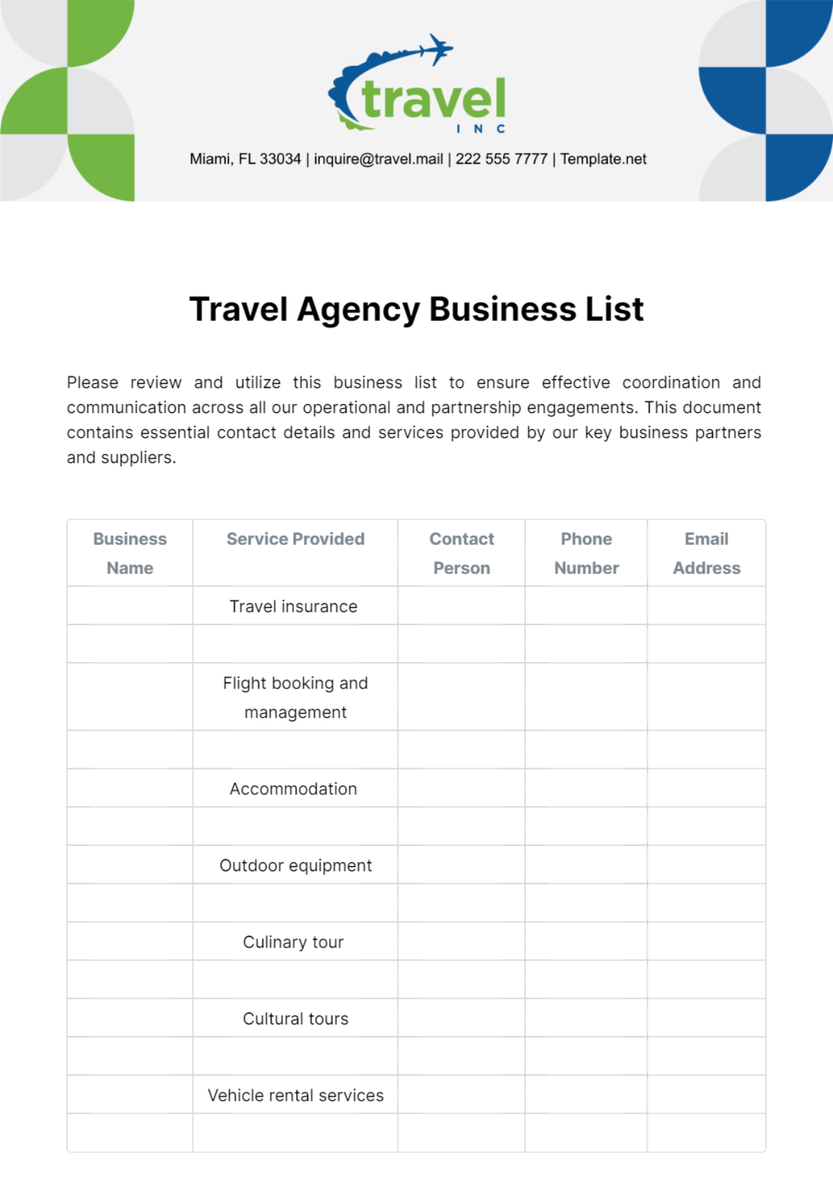 Travel Agency Business List Template