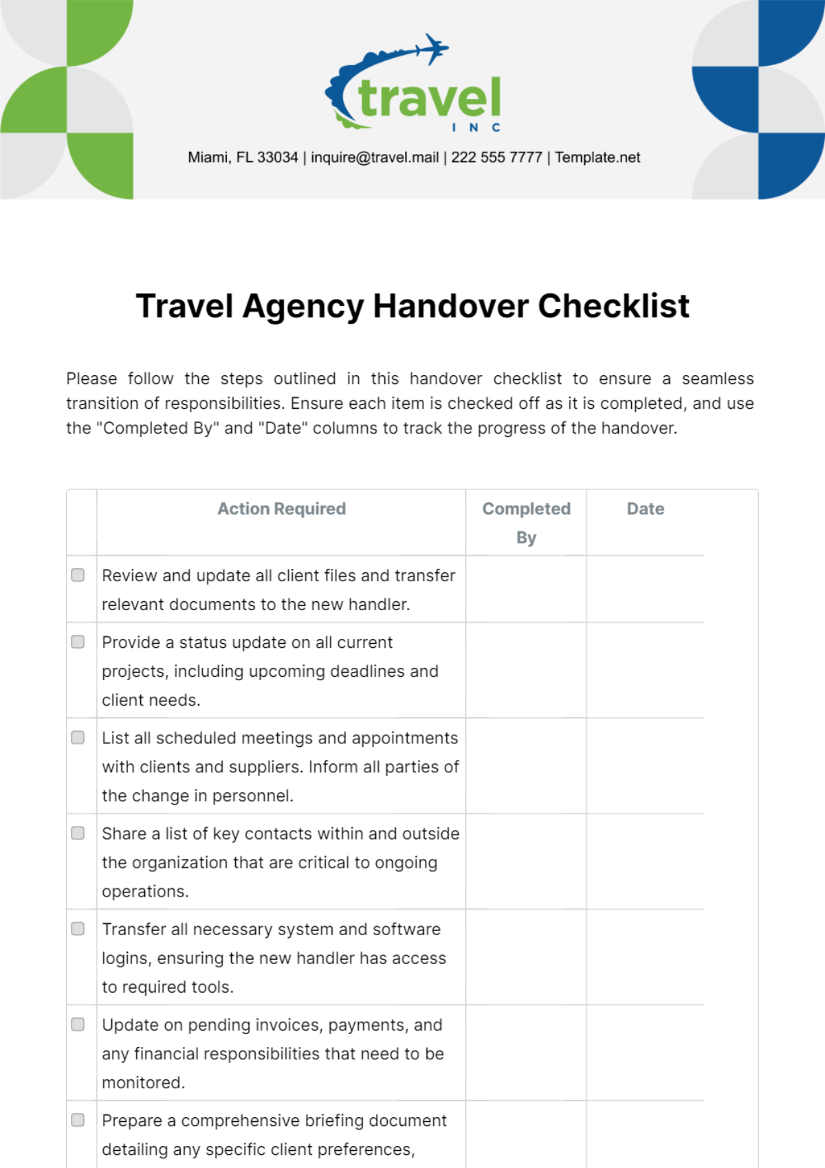 Free Travel Agency Handover Checklist Template