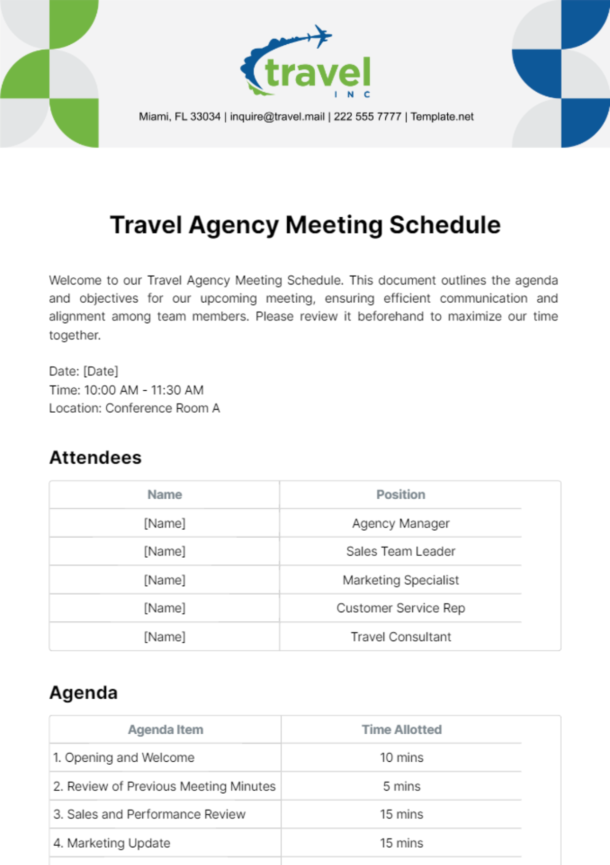 Travel Agency Meeting Schedule Template