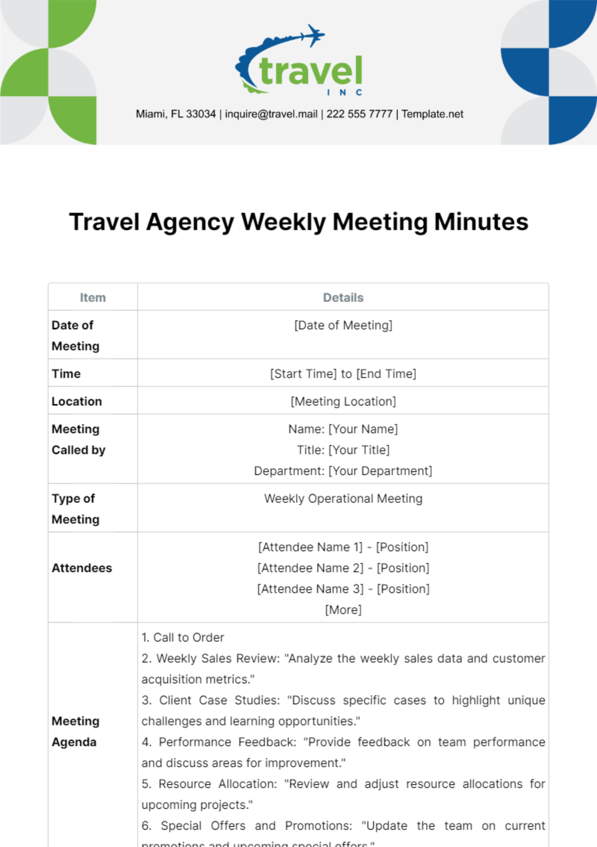 Free Travel Agency Weekly Meeting Minutes Template