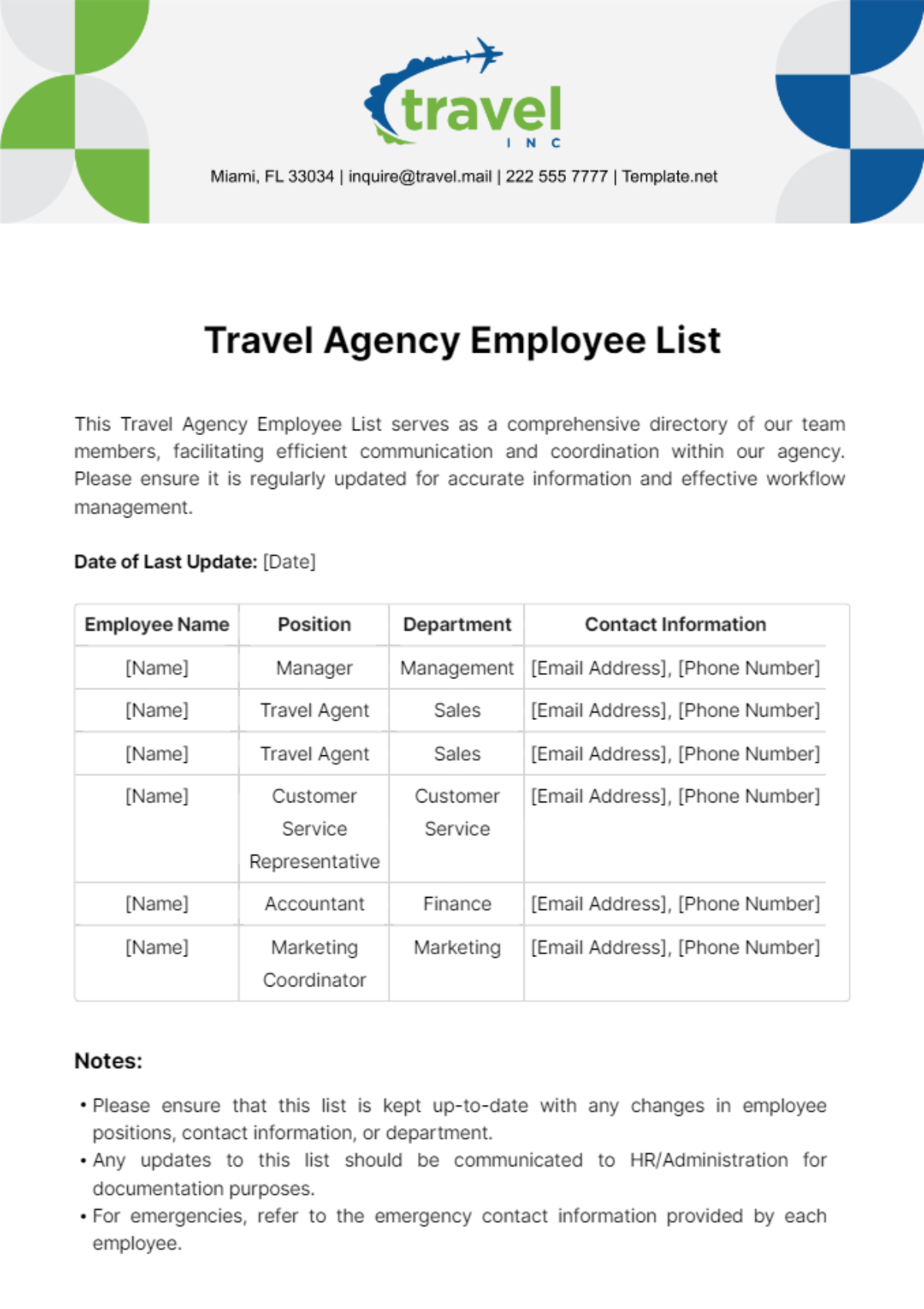 Travel Agency Employee List Template