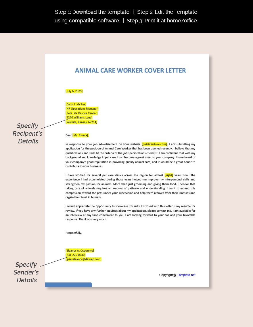 animal caretaker application letter