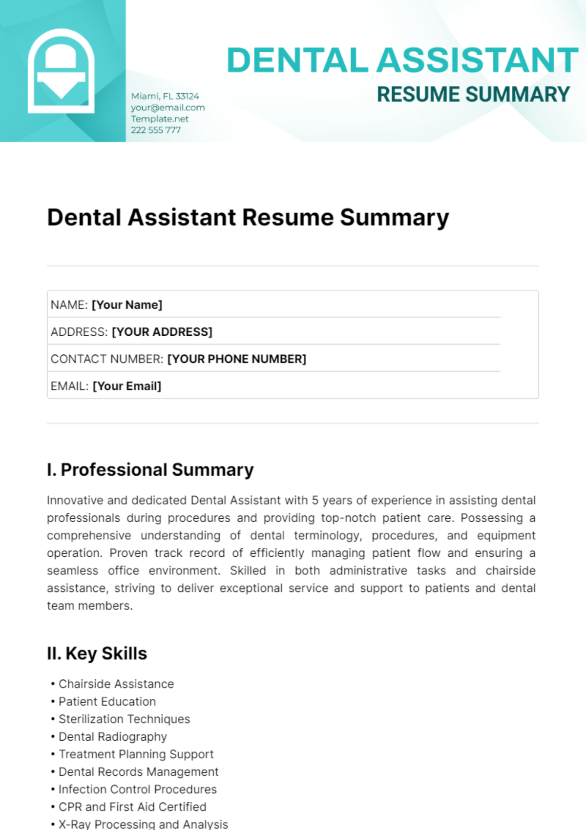 Dental Assistant Resume Summary Template