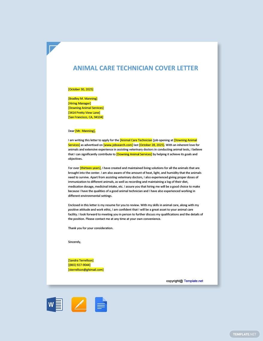 Animal Care Technician Cover Letter