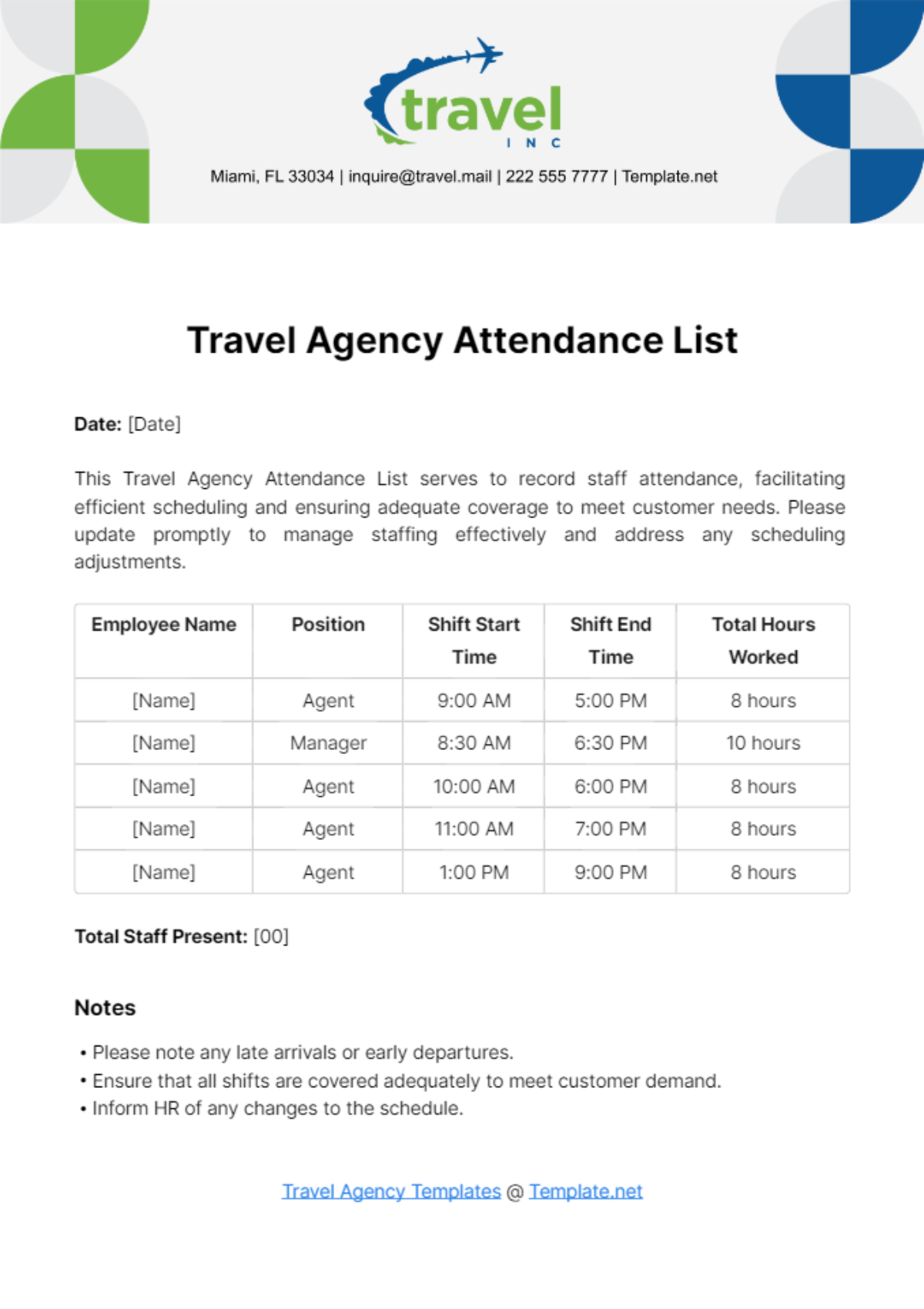 Travel Agency Attendance List Template