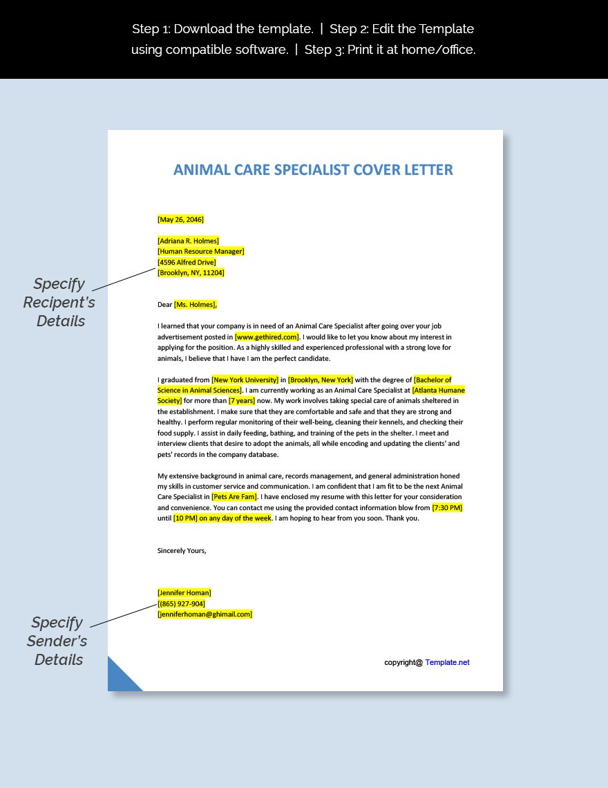 Animal Care Specialist Cover Letter